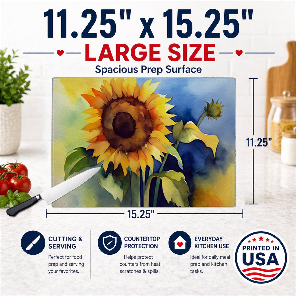 Sunflowers in Watercolor Cutting Board Tempered Glass Kitchen Cutting Surface, Heat Resistant Chopping, Non-Slip Feet, Food Prep & Serving