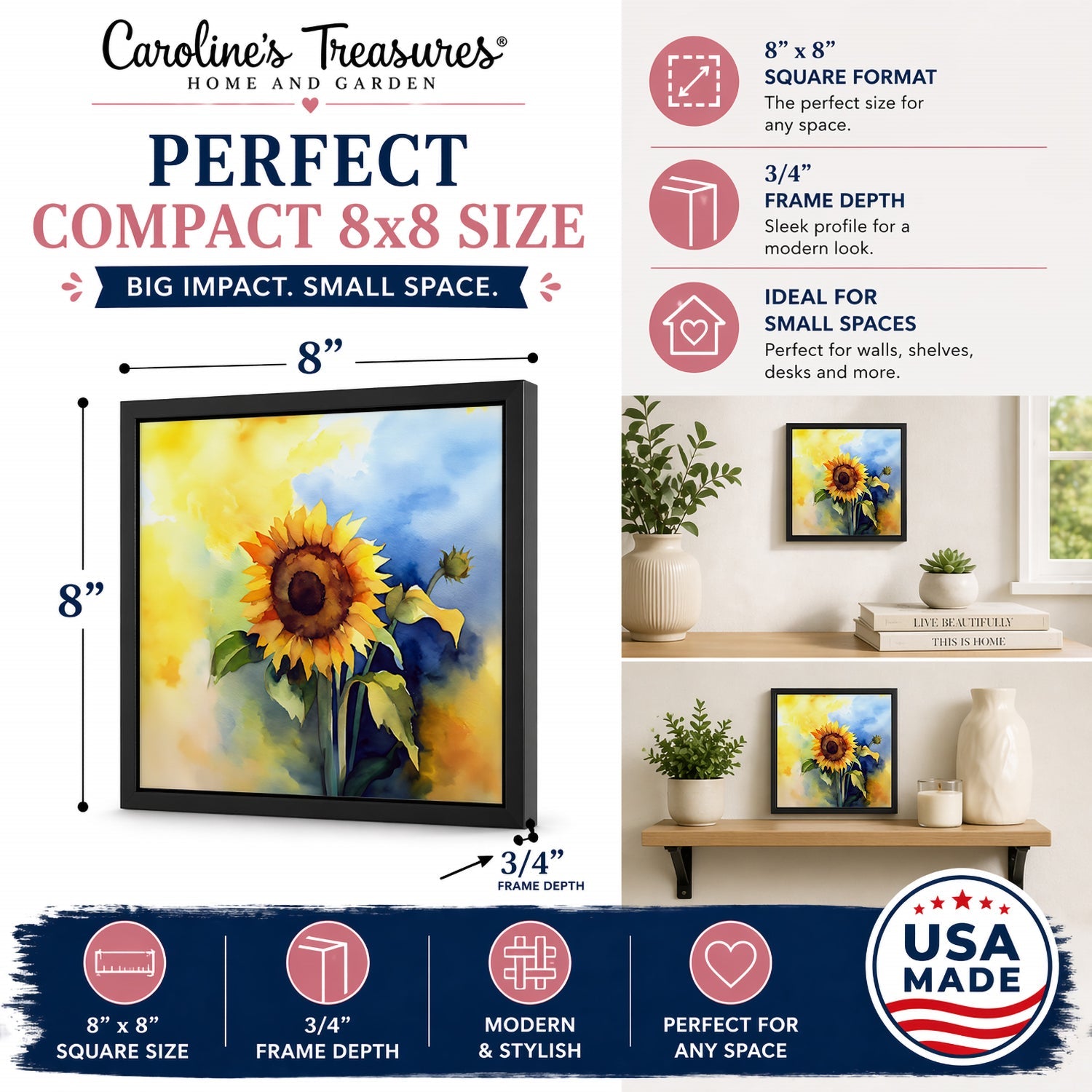 Sunflowers in Watercolor Framed Metal Print Bathroom, Kitchen, Office, Home Decor Wall Art Ready to Hang, Square, 8X8