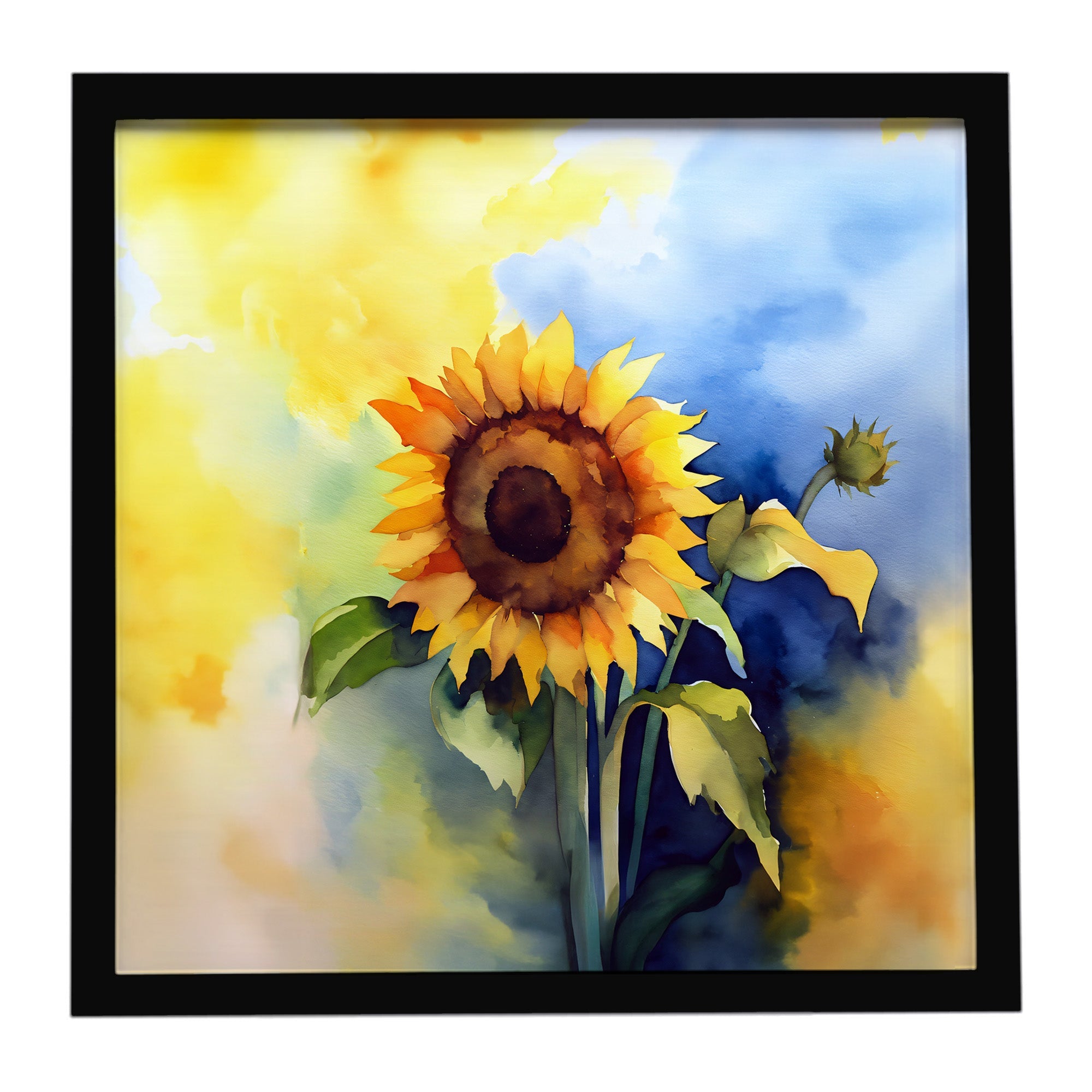 Sunflowers in Watercolor Framed Metal Print Bathroom, Kitchen, Office, Home Decor Wall Art Ready to Hang, Square, 8X8