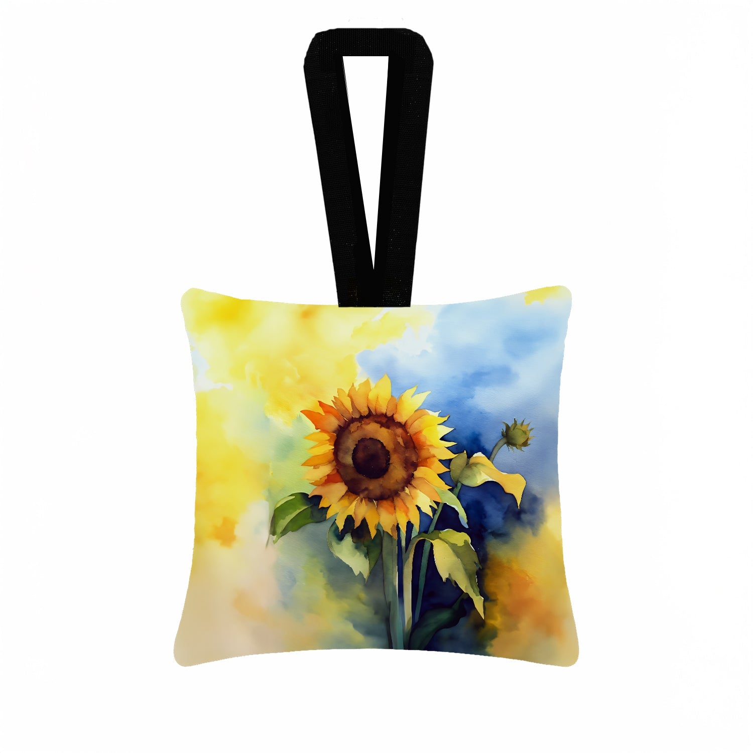 Sunflowers in Watercolor Hanging Square Fabric Ornament 3.5 × 3.5 Decorative Door-Knob & Tree Hanger, Soft Fabric