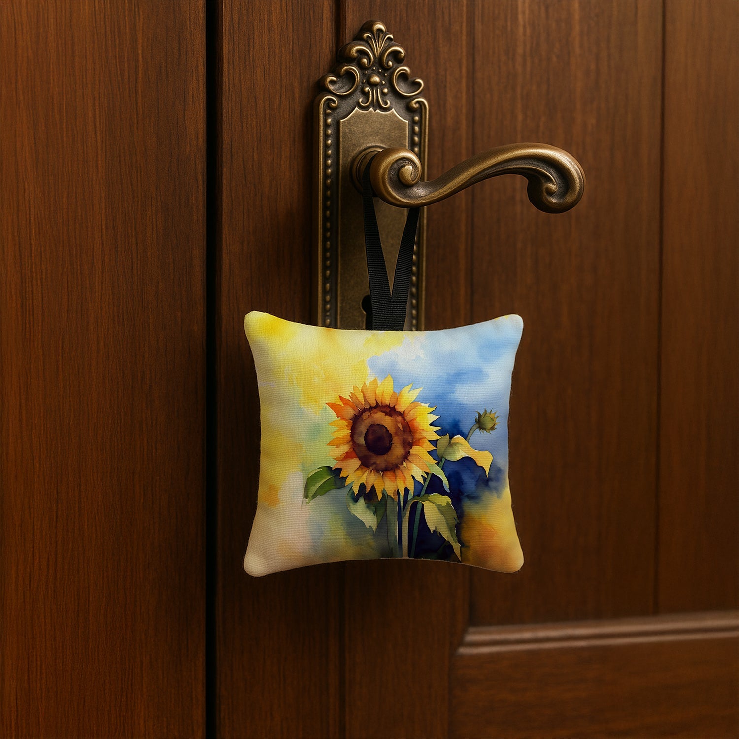 Sunflowers in Watercolor Hanging Square Fabric Ornament 3.5 × 3.5 Decorative Door-Knob & Tree Hanger, Soft Fabric