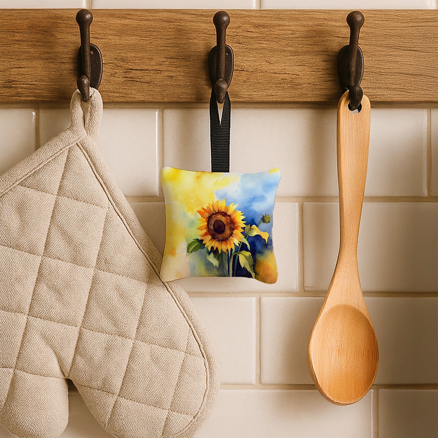 Sunflowers in Watercolor Hanging Square Fabric Ornament 3.5 × 3.5 Decorative Door-Knob & Tree Hanger, Soft Fabric