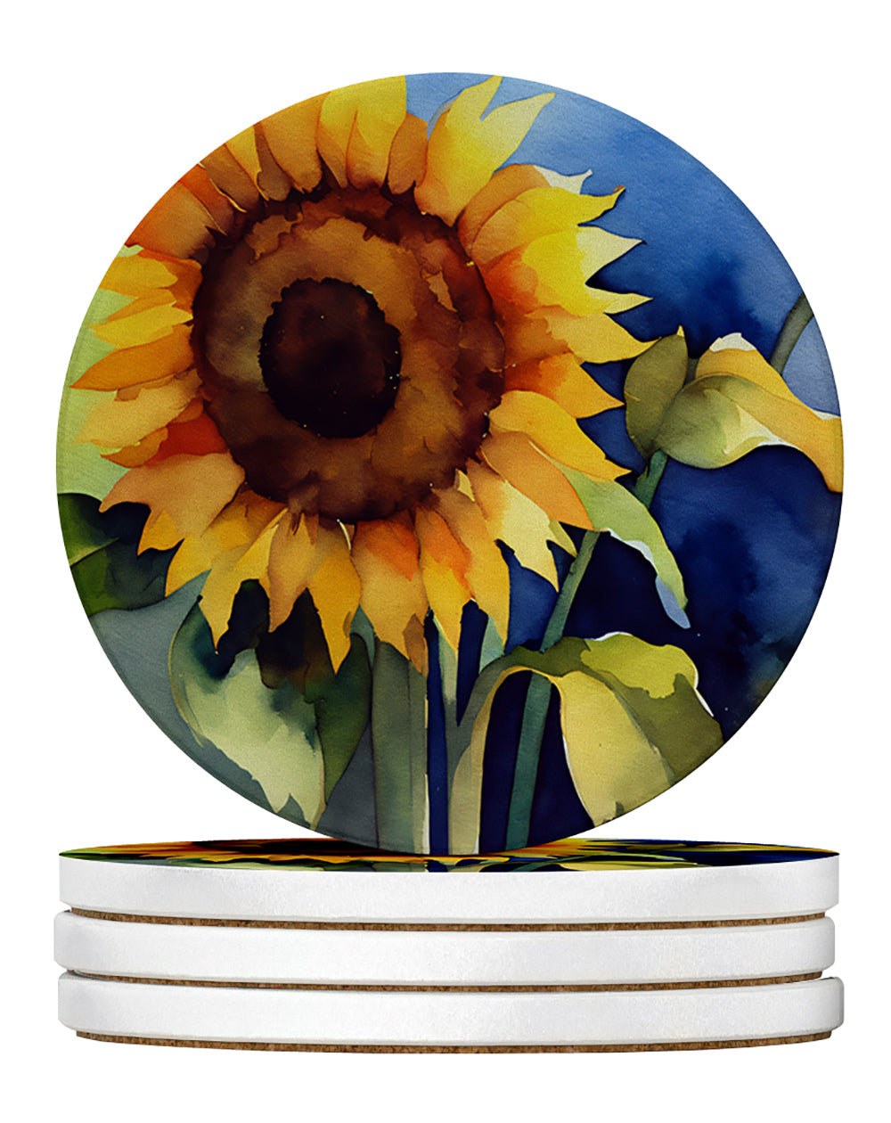 Sunflowers in Watercolor Large Sandstone Coasters Pack of 4 Absorbent Round Coasters Decor Gifts for Men or Women, 4 in, Multicolor