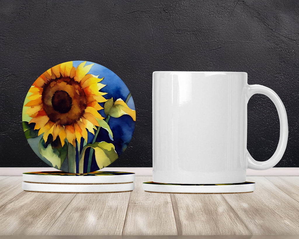 Sunflowers in Watercolor Large Sandstone Coasters Pack of 4 Absorbent Round Coasters Decor Gifts for Men or Women, 4 in, Multicolor