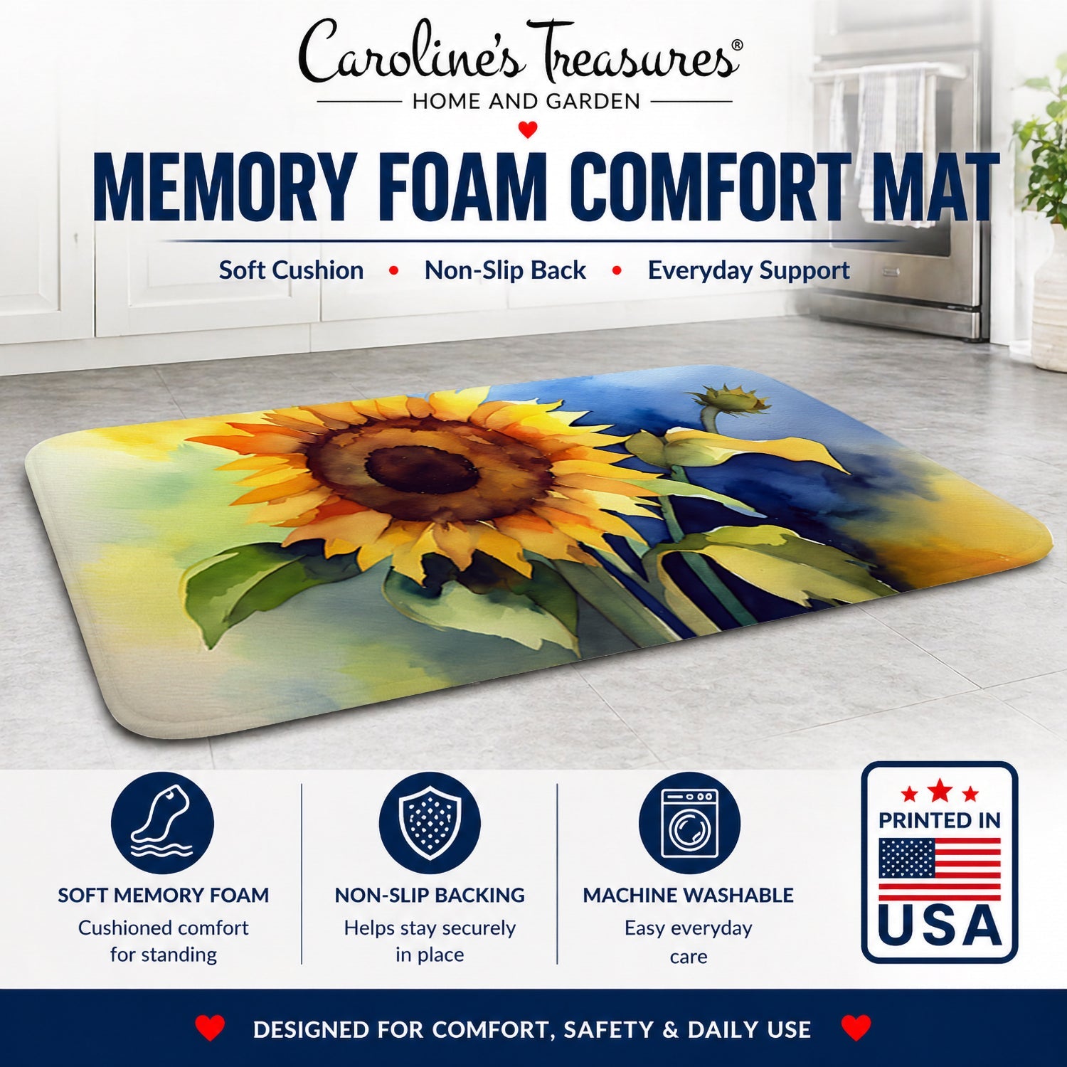 Sunflowers in Watercolor Memory Foam Kitchen Mat Machine Washable Anti-Fatigue Cushion Comfort Bath or Kitchen Rug