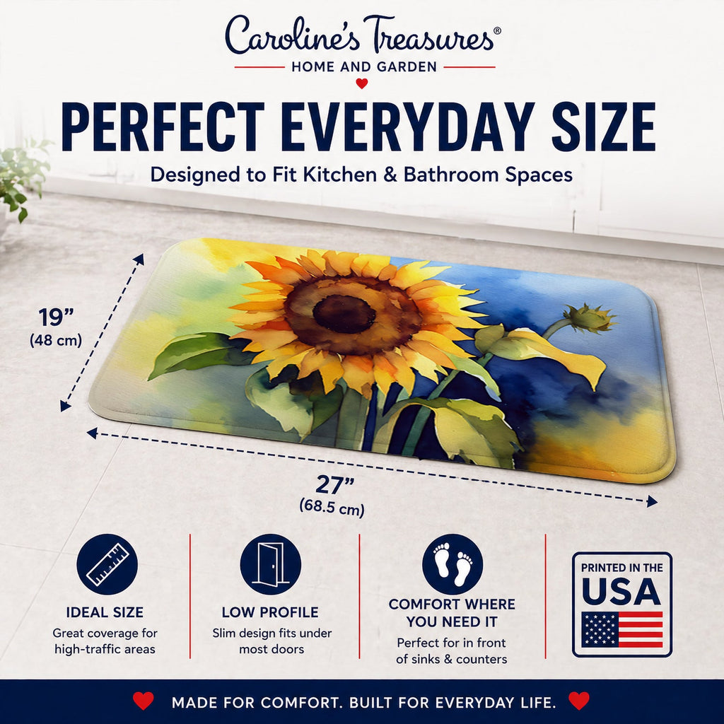 Sunflowers in Watercolor Memory Foam Kitchen Mat Machine Washable Anti-Fatigue Cushion Comfort Bath or Kitchen Rug