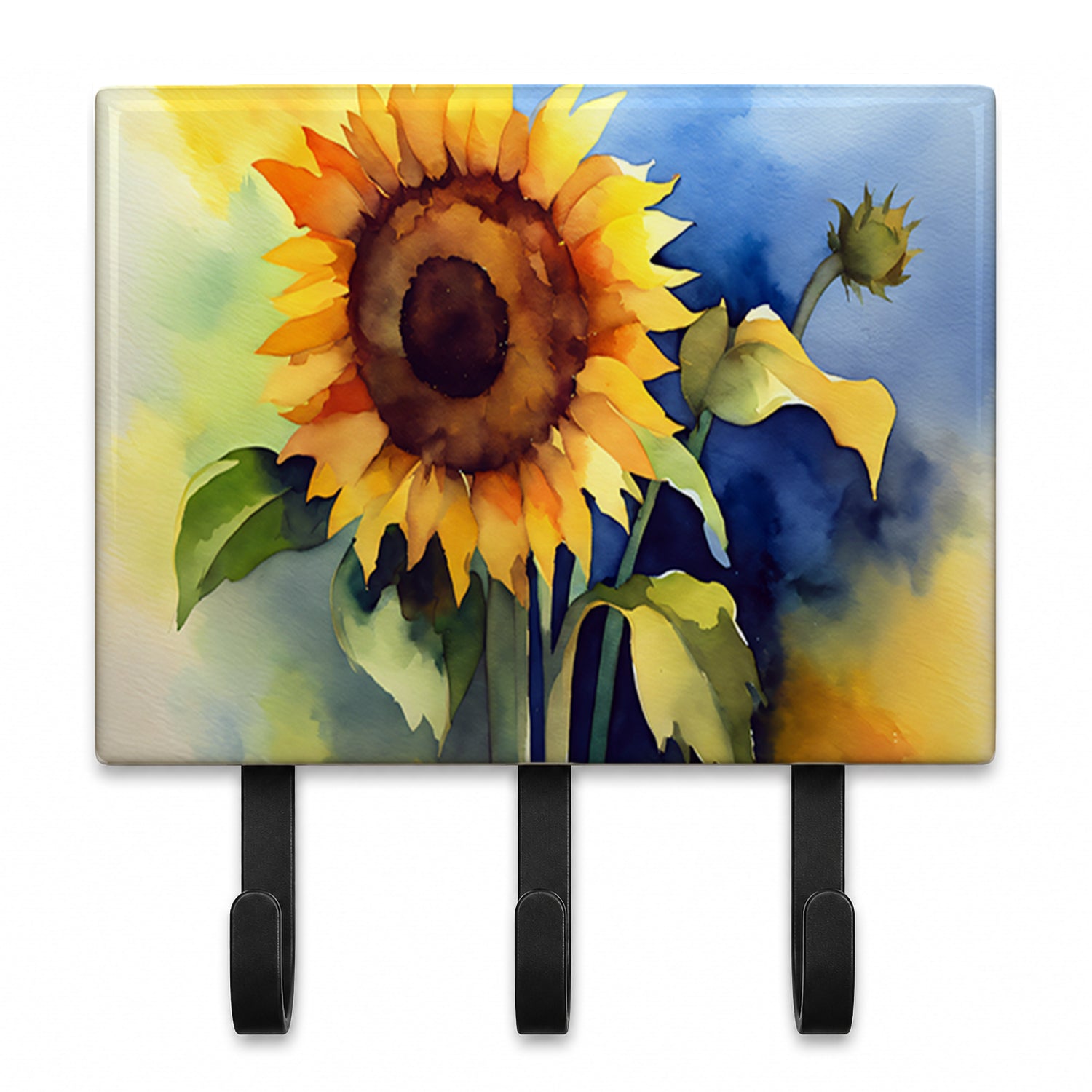 Sunflowers in Watercolor Leash or Key Holder Wall Hooks, Coat Rack Wall Mount, for Hanging Keys, Towels, Aprons, Leashes