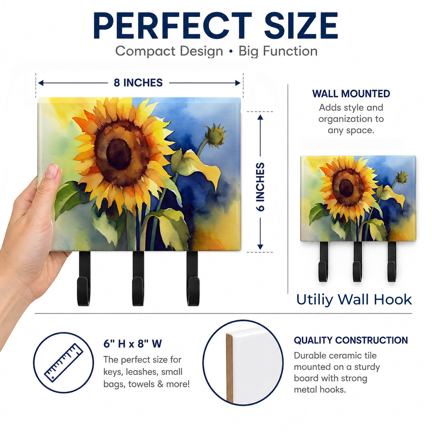 Sunflowers in Watercolor Leash or Key Holder Wall Hooks, Coat Rack Wall Mount, for Hanging Keys, Towels, Aprons, Leashes
