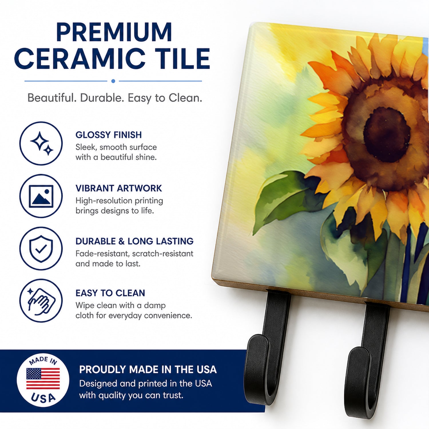 Sunflowers in Watercolor Leash or Key Holder Wall Hooks, Coat Rack Wall Mount, for Hanging Keys, Towels, Aprons, Leashes