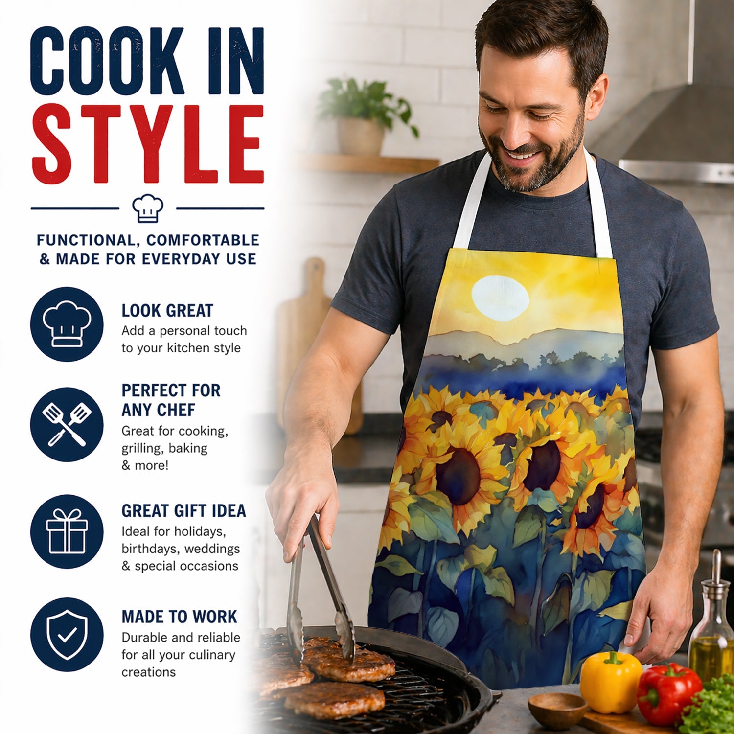 Sunflowers in Watercolor Apron Cooking Kitchen Server Baking Crafts Gardening for Adult Women Men, Unisex, Large, Multicolor