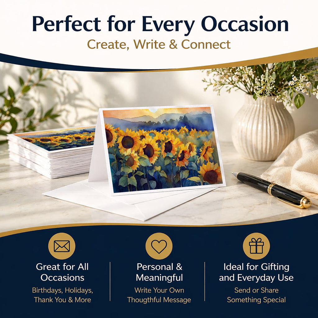 Sunflowers in Watercolor Greeting Cards Pack of 8 Blank Cards with Envelopes Whimsical A7 Size 5x7