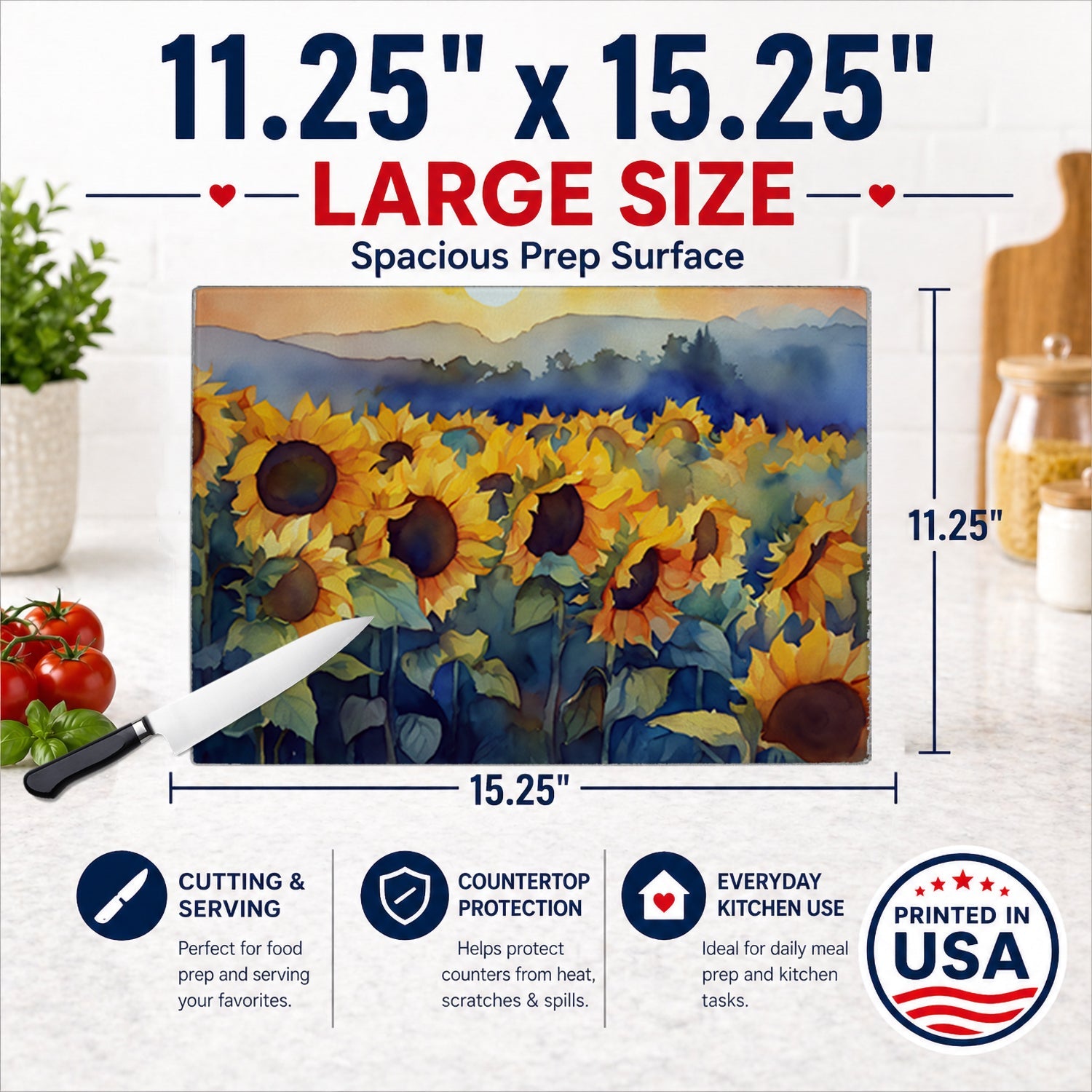 Sunflowers in Watercolor Cutting Board Tempered Glass Kitchen Cutting Surface, Heat Resistant Chopping, Non-Slip Feet, Food Prep & Serving