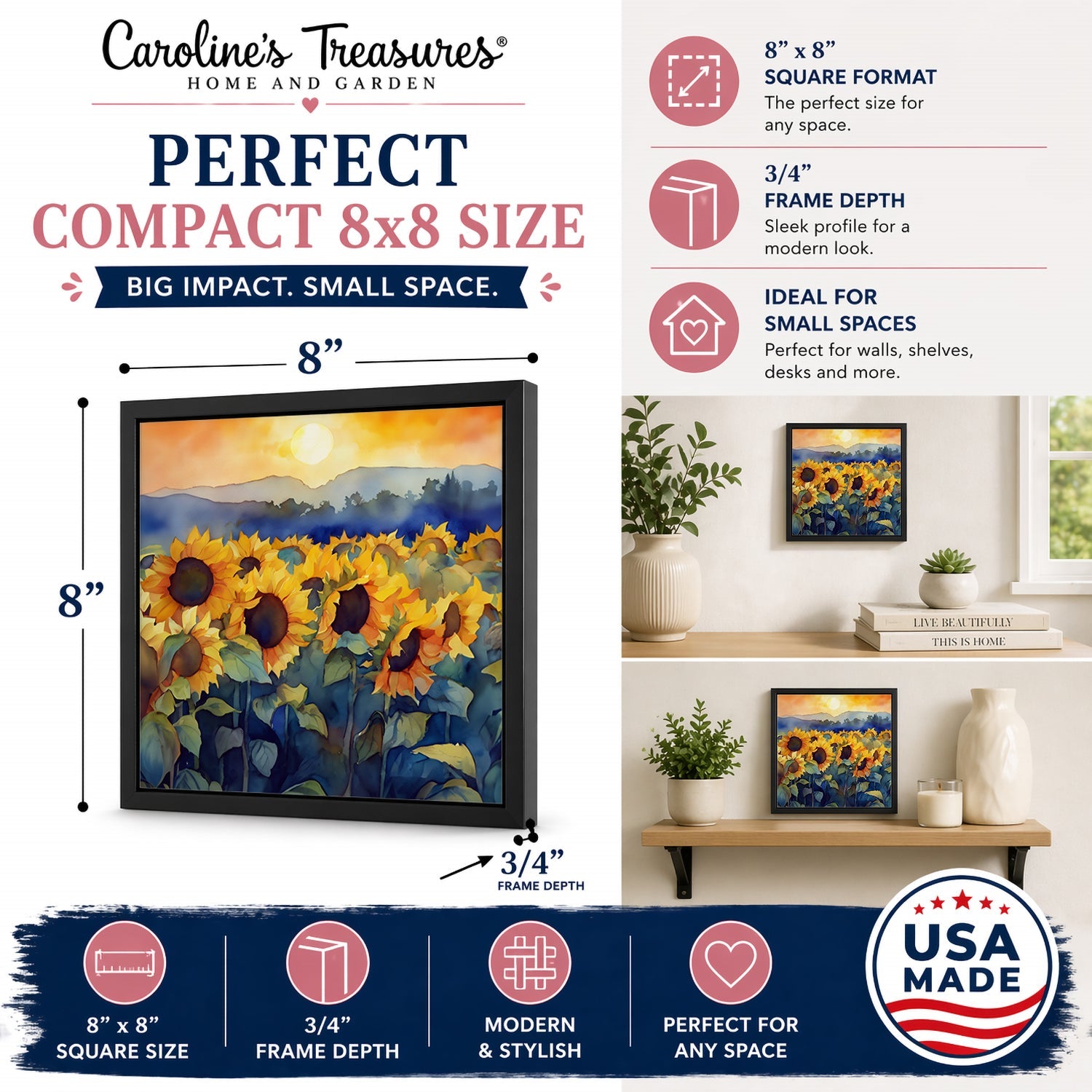 Sunflowers in Watercolor Framed Metal Print Bathroom, Kitchen, Office, Home Decor Wall Art Ready to Hang, Square, 8X8