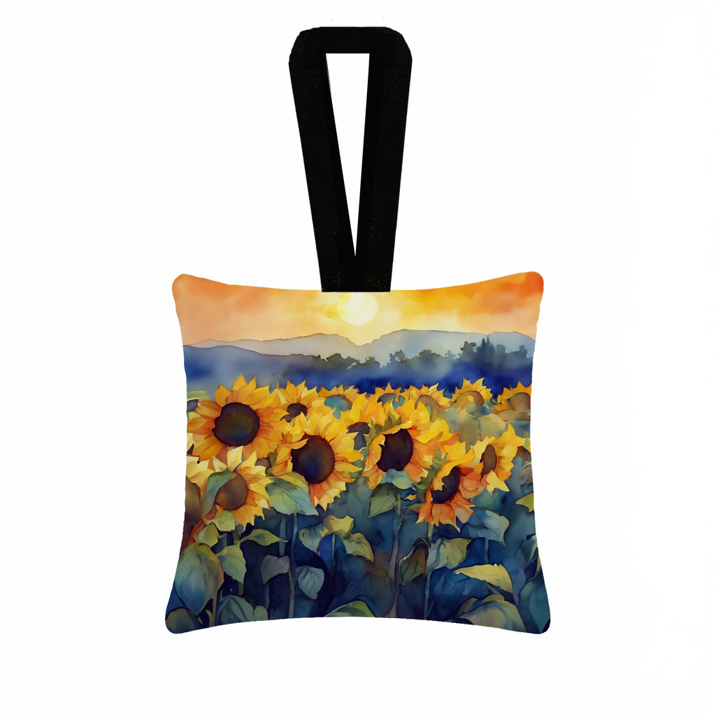 Sunflowers in Watercolor Hanging Square Fabric Ornament 3.5 × 3.5 Decorative Door-Knob & Tree Hanger, Soft Fabric