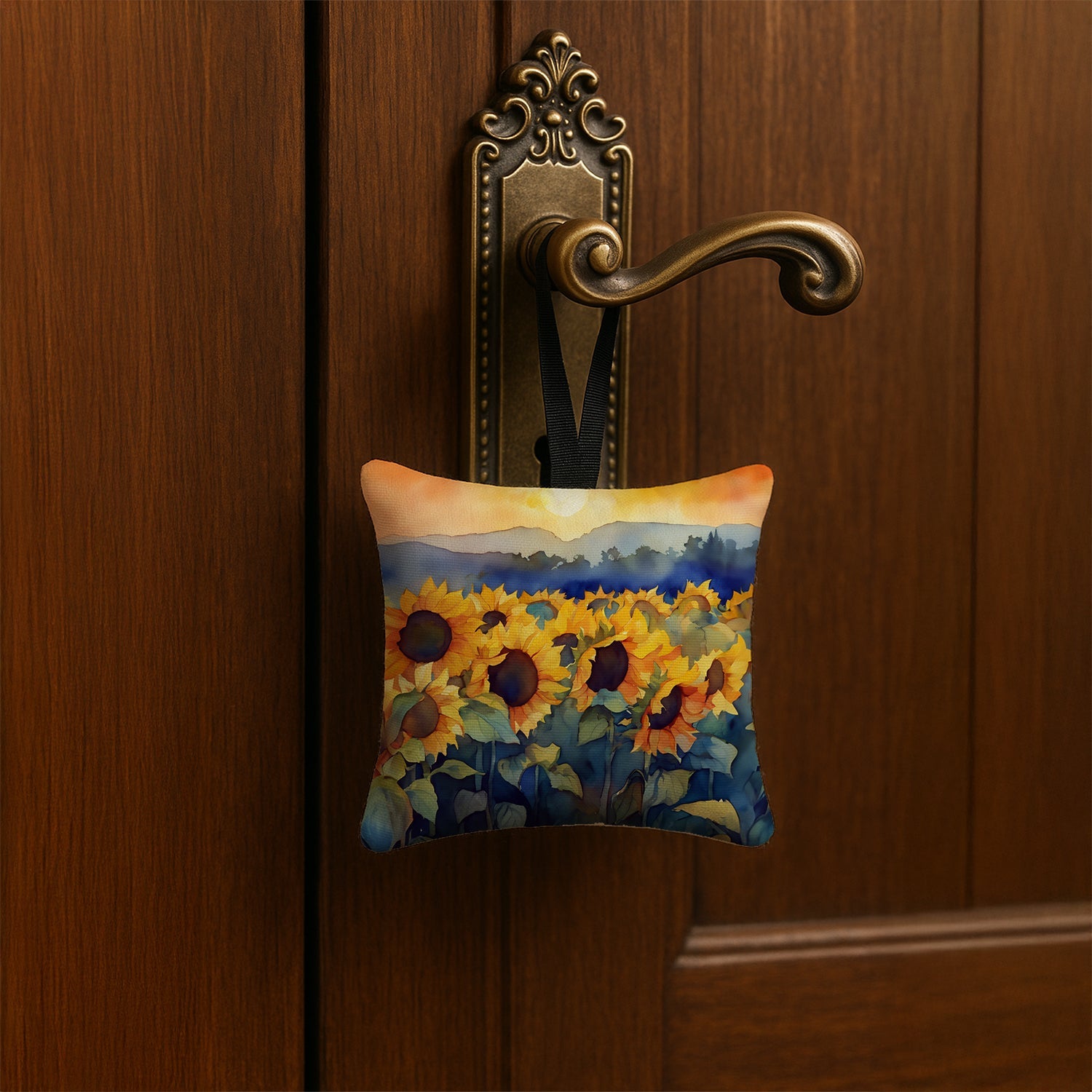 Sunflowers in Watercolor Hanging Square Fabric Ornament 3.5 × 3.5 Decorative Door-Knob & Tree Hanger, Soft Fabric