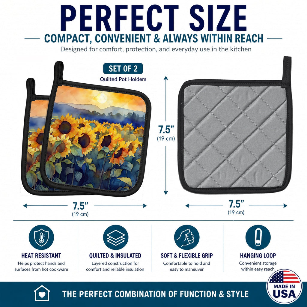 Sunflowers in Watercolor Pot Holder Set of 2 Heat Resistant Quilted Hot Pads 7.5 x 7.5 Inch, Insulated Kitchen Trivets for Cooking & Baking