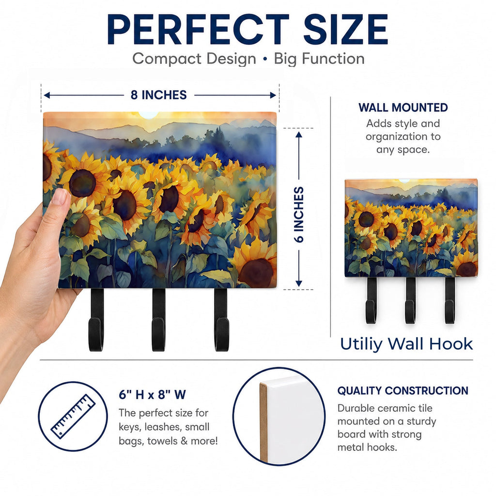 Sunflowers in Watercolor Leash or Key Holder Wall Hooks, Coat Rack Wall Mount, for Hanging Keys, Towels, Aprons, Leashes