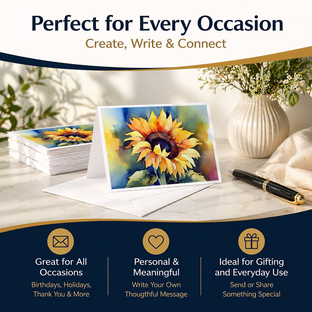 Sunflowers in Watercolor Greeting Cards Pack of 8 Blank Cards with Envelopes Whimsical A7 Size 5x7
