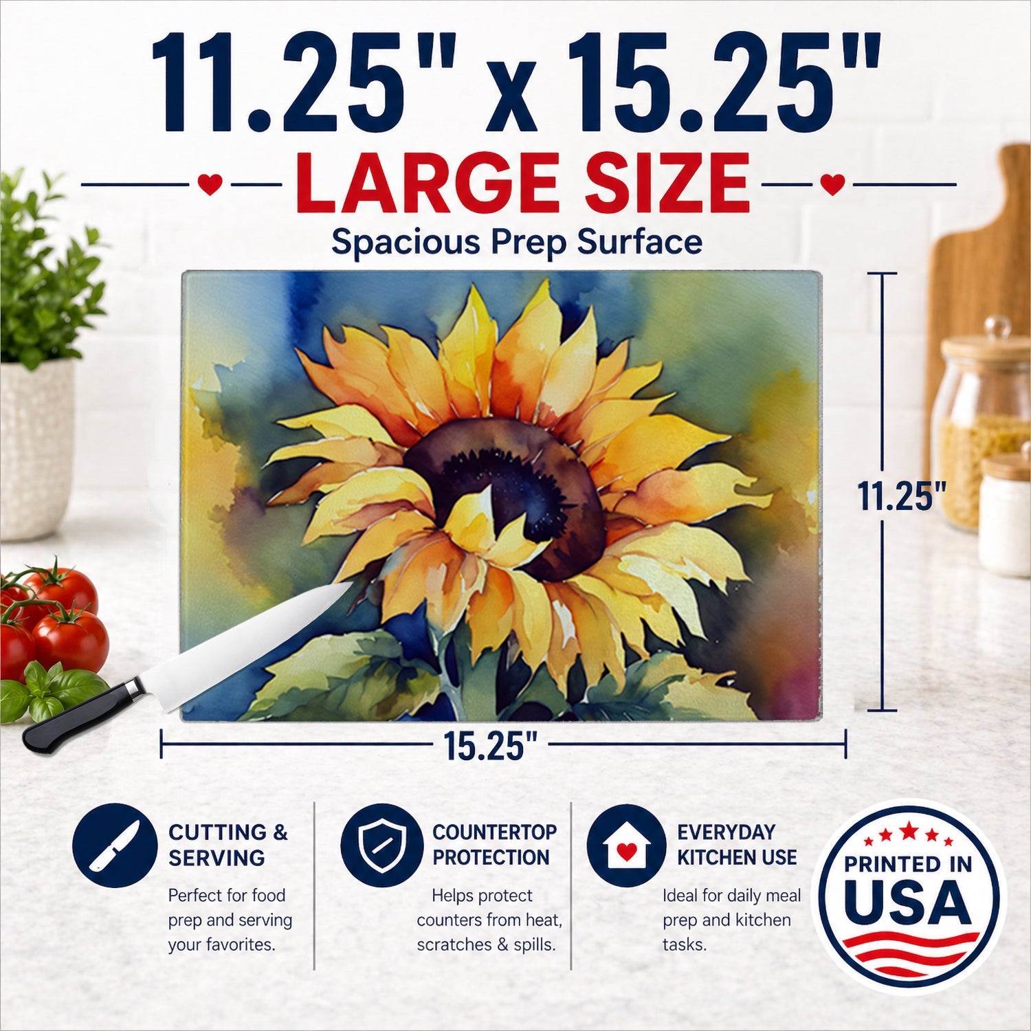 Sunflowers in Watercolor Cutting Board Tempered Glass Kitchen Cutting Surface, Heat Resistant Chopping, Non-Slip Feet, Food Prep & Serving