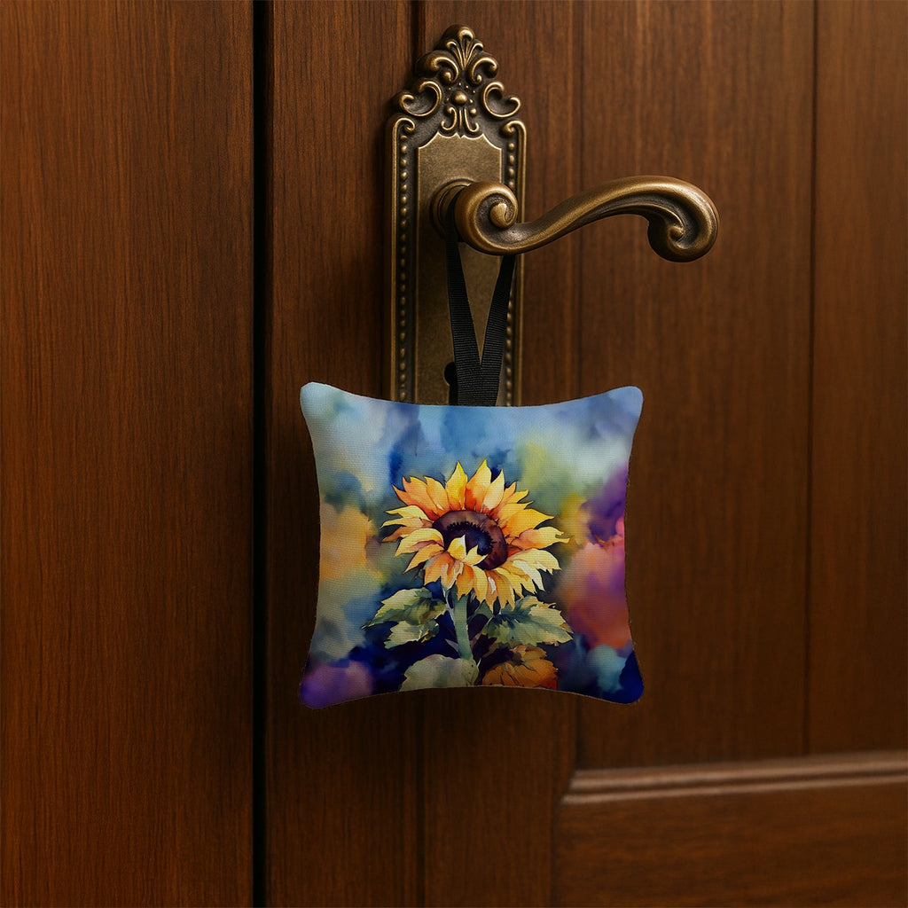 Sunflowers in Watercolor Hanging Square Fabric Ornament 3.5 × 3.5 Decorative Door-Knob & Tree Hanger, Soft Fabric