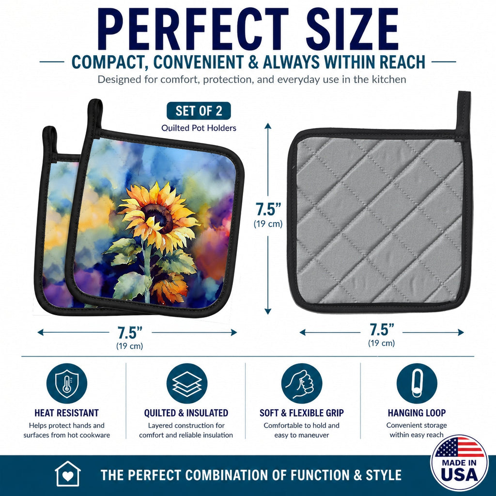 Sunflowers in Watercolor Pot Holder Set of 2 Heat Resistant Quilted Hot Pads 7.5 x 7.5 Inch, Insulated Kitchen Trivets for Cooking & Baking