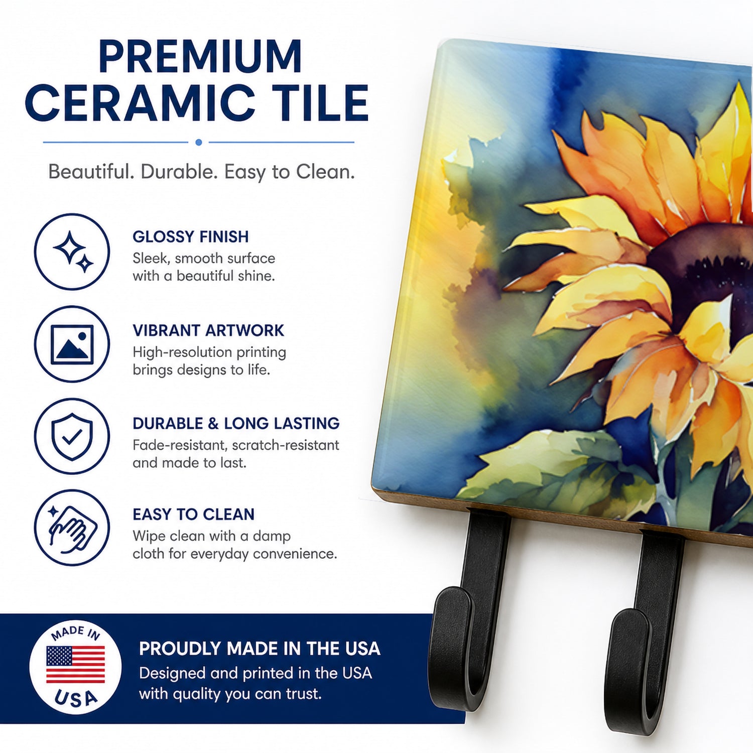 Sunflowers in Watercolor Leash or Key Holder Wall Hooks, Coat Rack Wall Mount, for Hanging Keys, Towels, Aprons, Leashes
