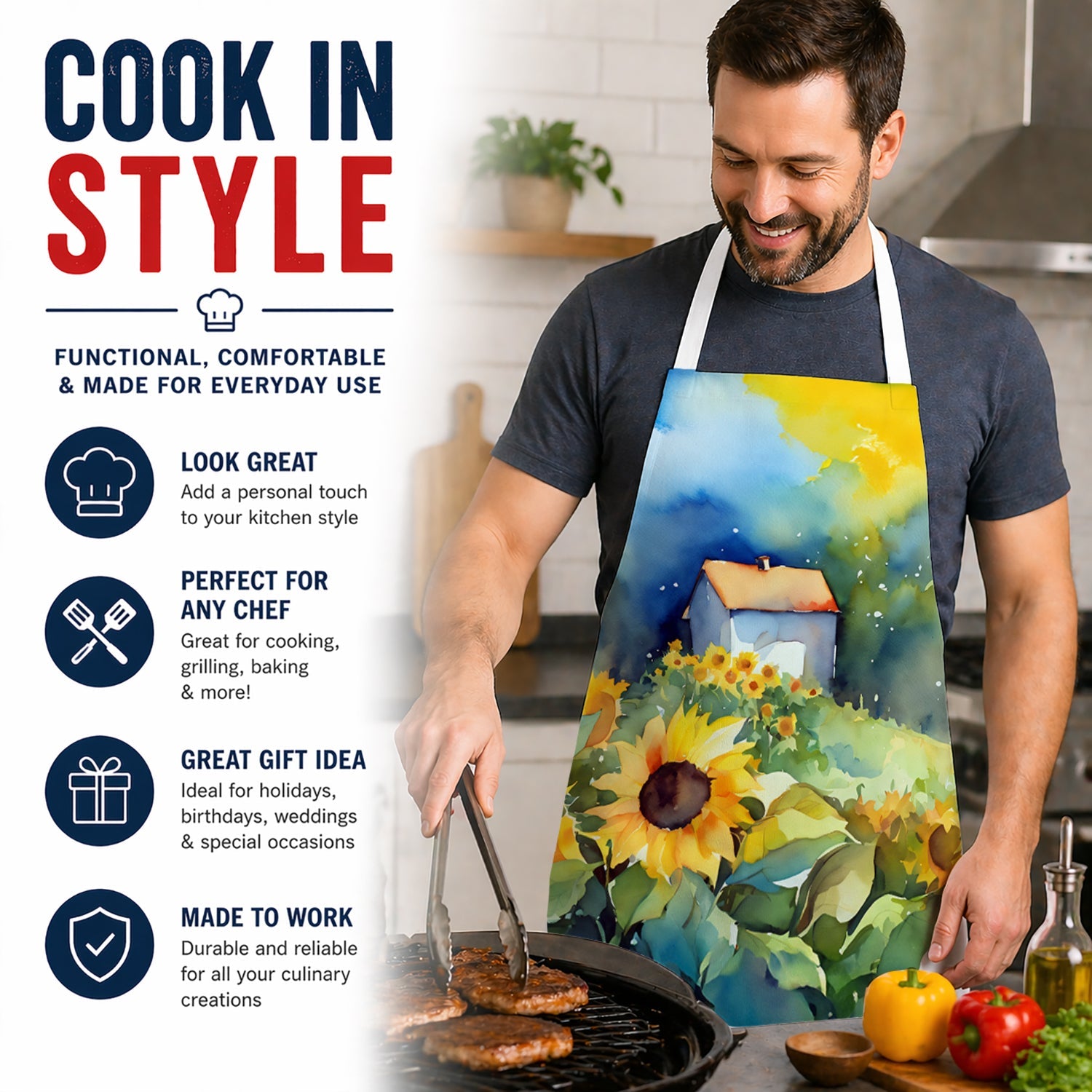 Sunflowers in Watercolor Apron Cooking Kitchen Server Baking Crafts Gardening for Adult Women Men, Unisex, Large, Multicolor