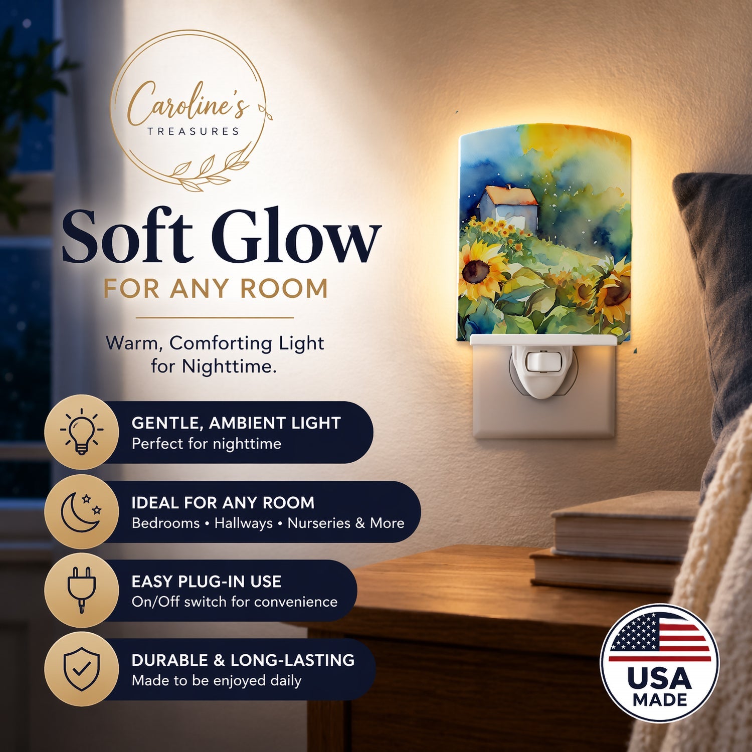 Sunflowers in Watercolor Ceramic Night Light Compact, UL-Certified, Ideal for Bedroom, Bathroom, Nursery, Hallway, Kitchen, 6x4x3, Multicolor
