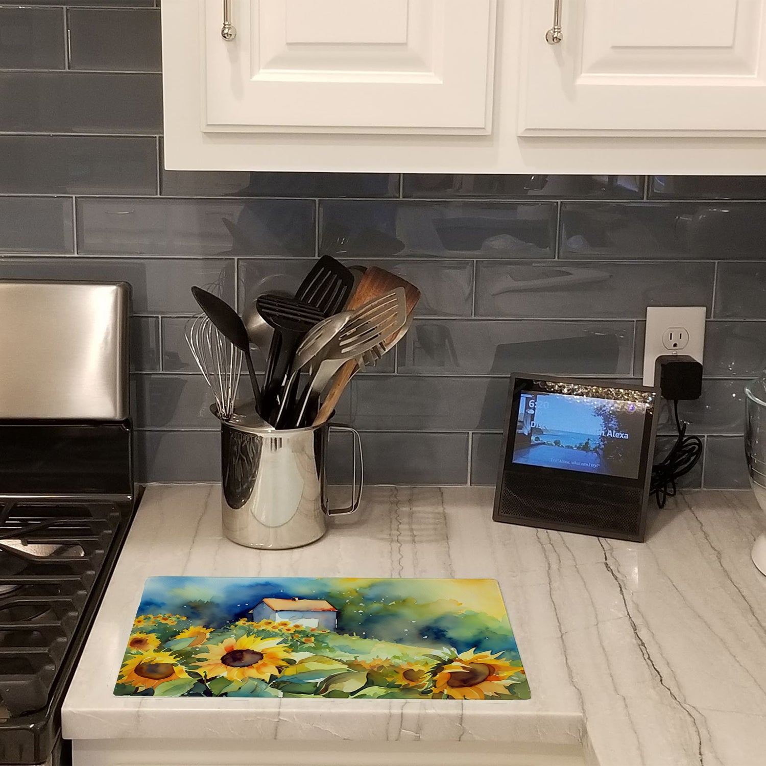 Sunflowers in Watercolor Cutting Board Tempered Glass Kitchen Cutting Surface, Heat Resistant Chopping, Non-Slip Feet, Food Prep & Serving