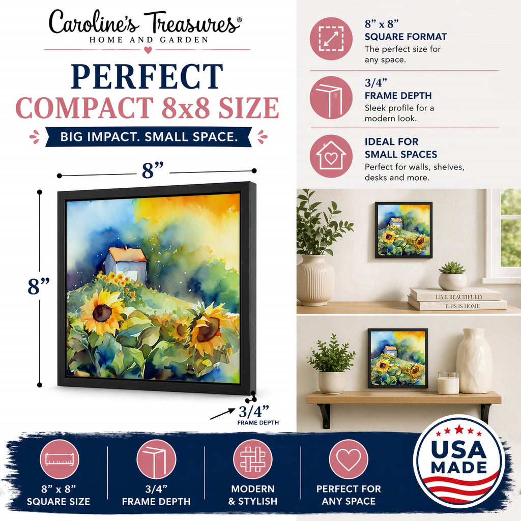 Sunflowers in Watercolor Framed Metal Print Bathroom, Kitchen, Office, Home Decor Wall Art Ready to Hang, Square, 8X8