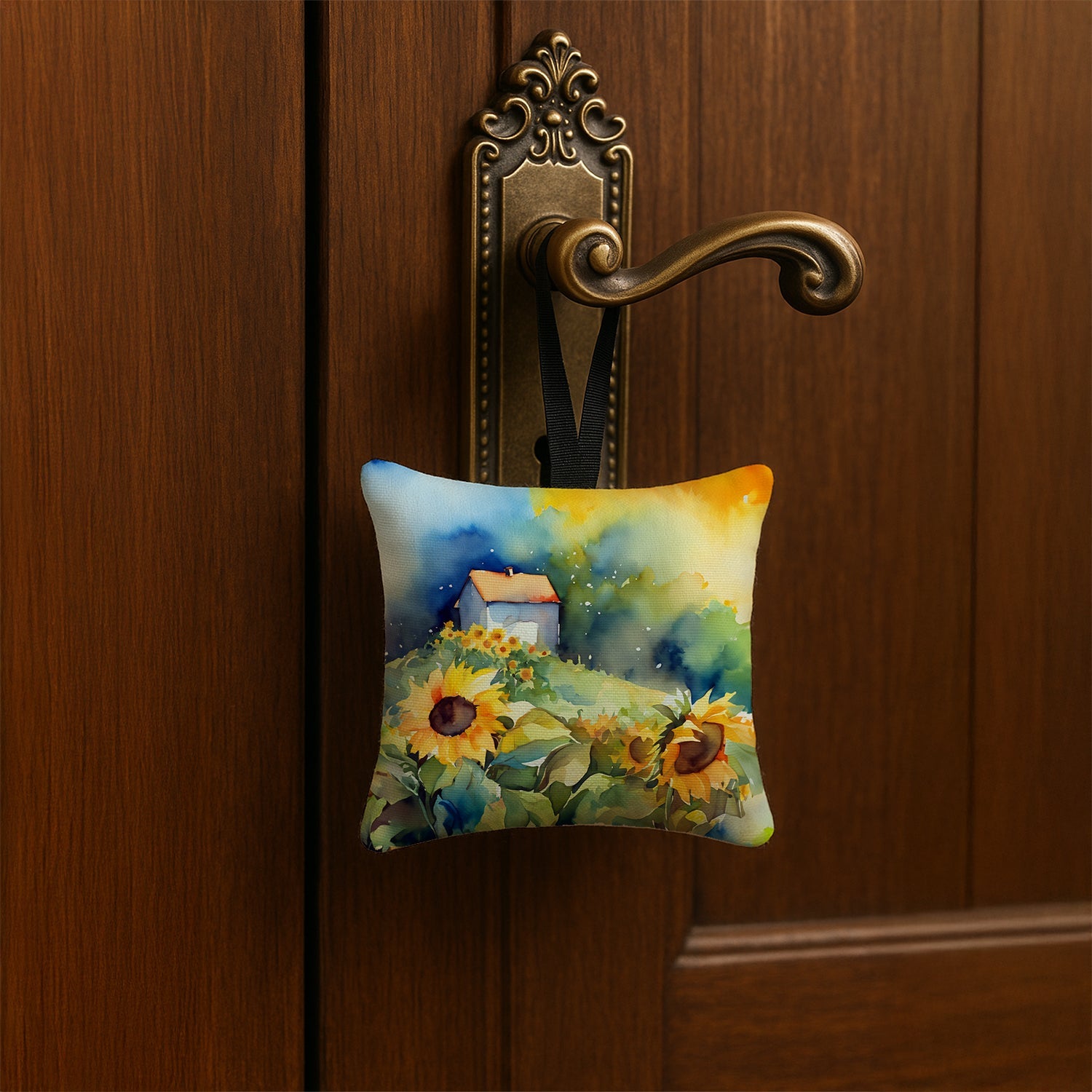 Sunflowers in Watercolor Hanging Square Fabric Ornament 3.5 × 3.5 Decorative Door-Knob & Tree Hanger, Soft Fabric