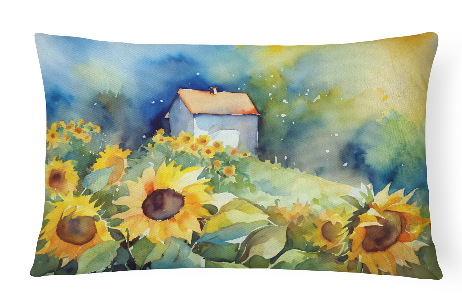 Sunflowers in Watercolor Decorative Throw Pillow 12x16 Indoor Outdoor Accent Cushion, Fabric Cover with Insert for Sofa, Bed, Porch & Living Room