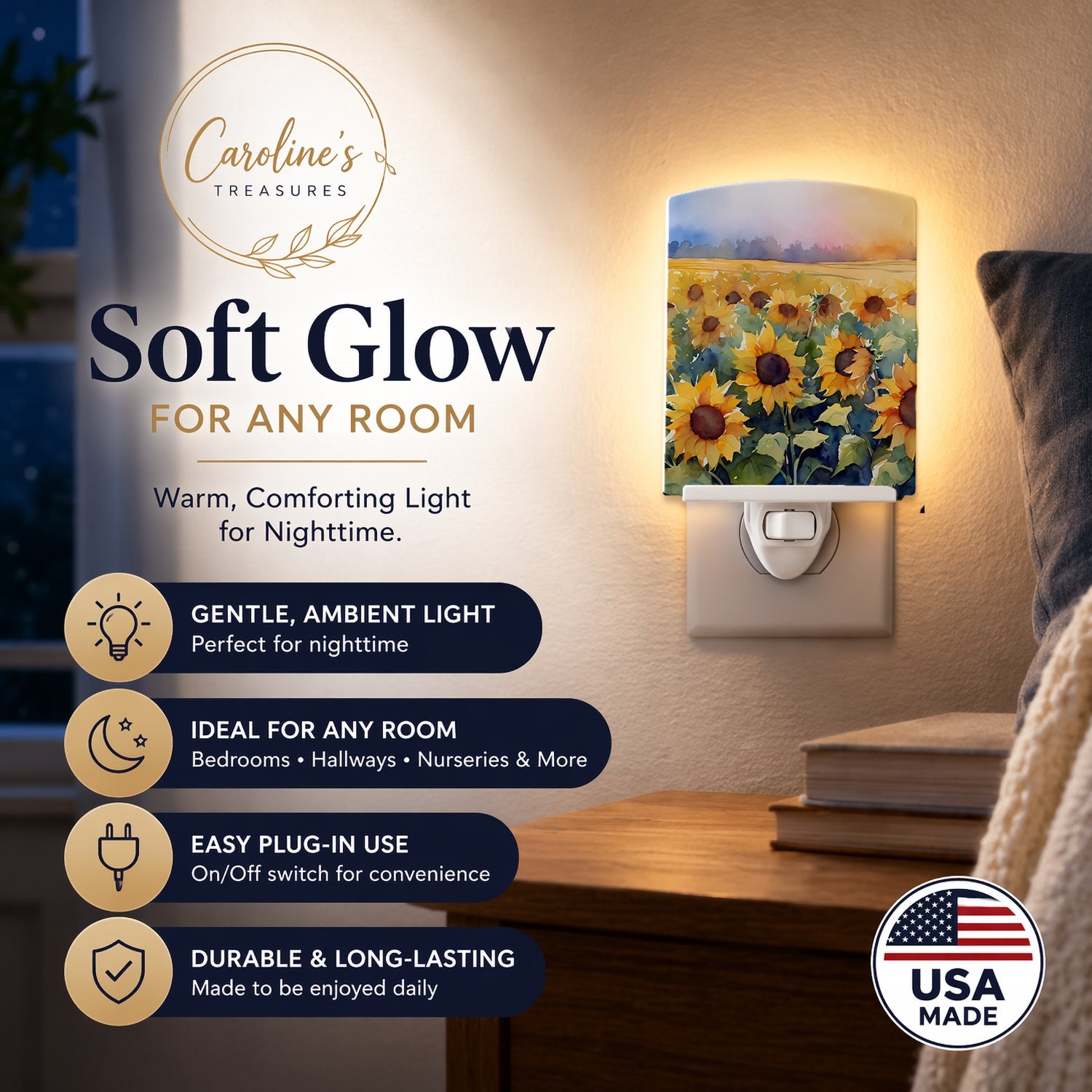 Sunflowers in Watercolor Ceramic Night Light Compact, UL-Certified, Ideal for Bedroom, Bathroom, Nursery, Hallway, Kitchen, 6x4x3, Multicolor