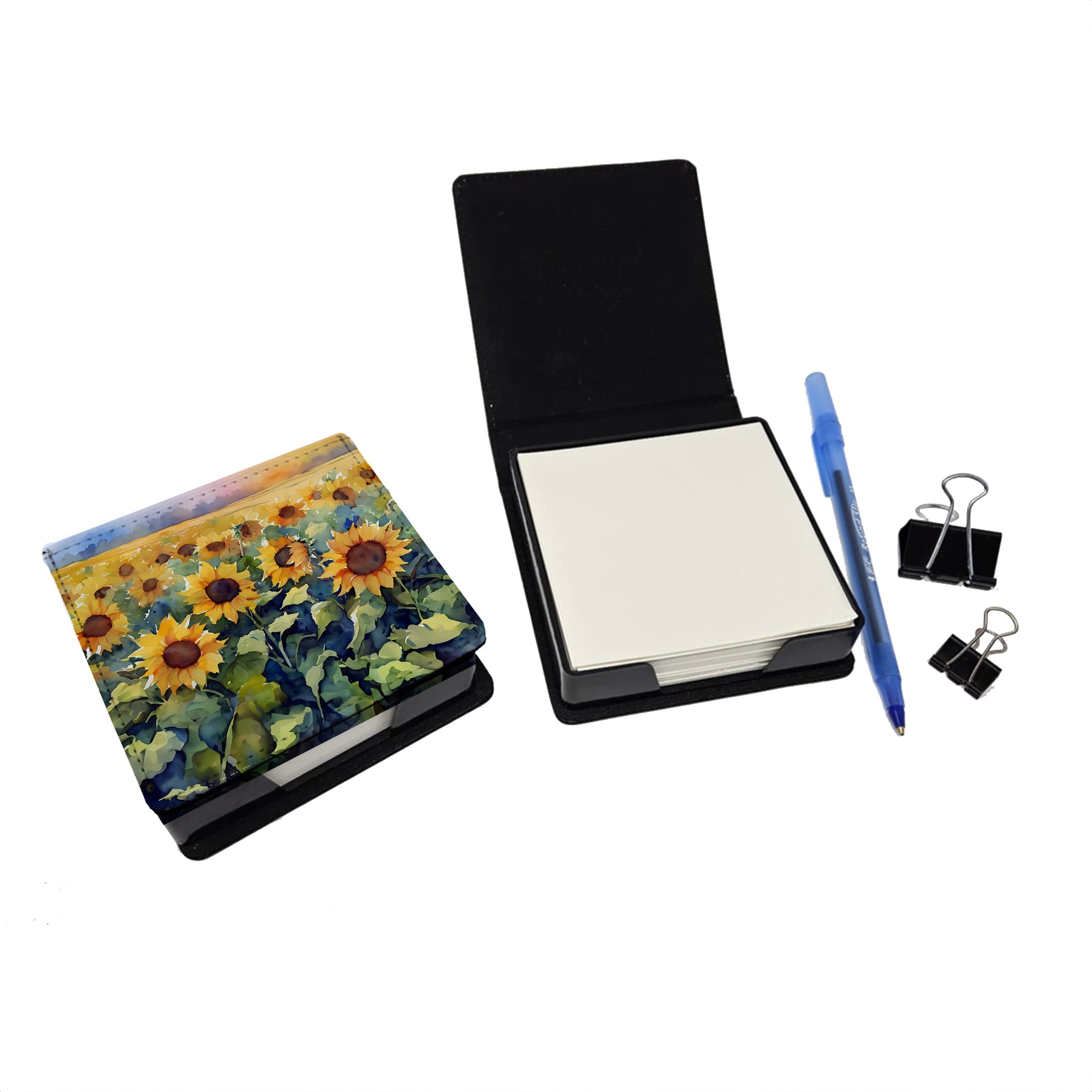 Sunflowers in Watercolor PU Leather Note Paper Holder with Artist-Designed Cover, Desk Accessory, Office Gift