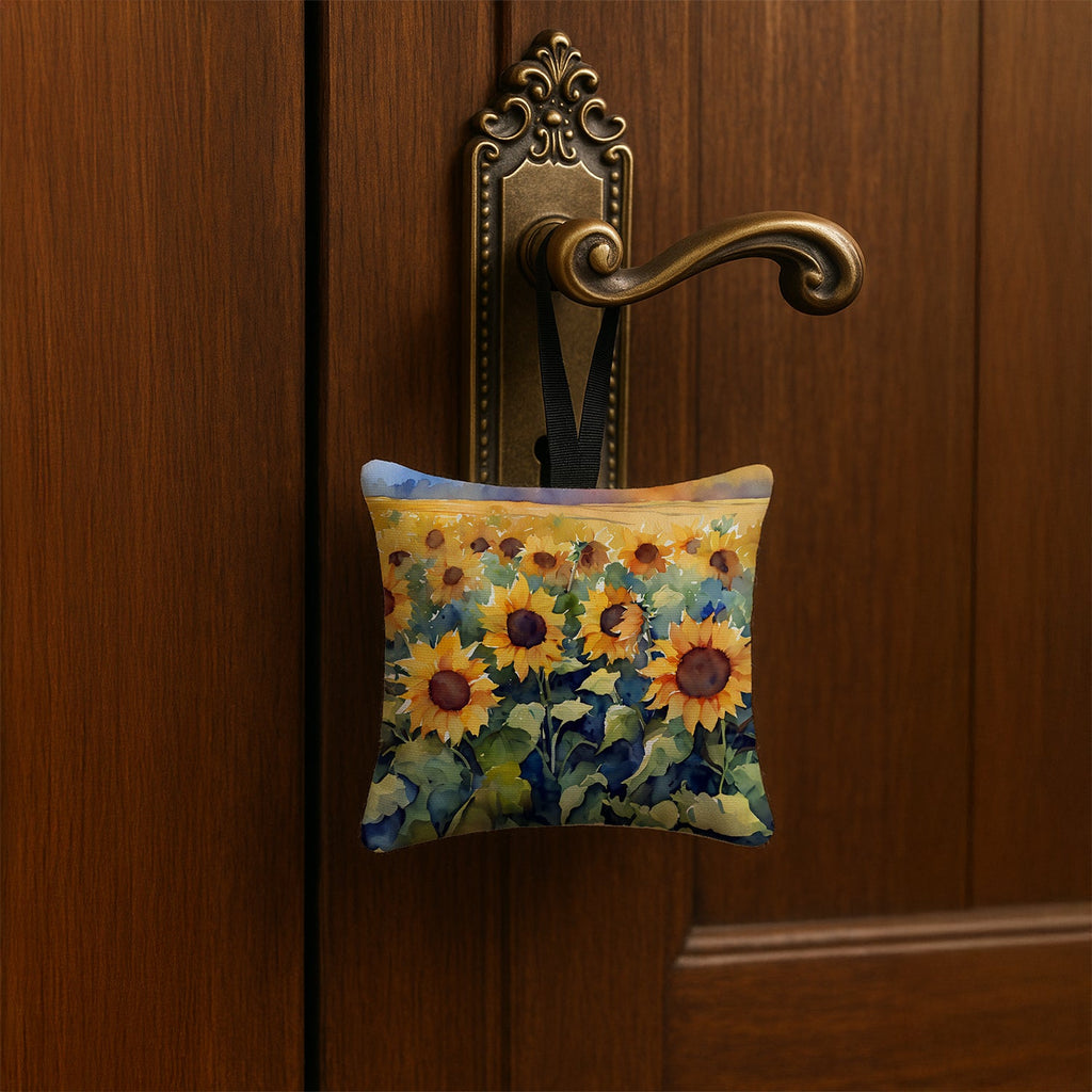 Sunflowers in Watercolor Hanging Square Fabric Ornament 3.5 × 3.5 Decorative Door-Knob & Tree Hanger, Soft Fabric
