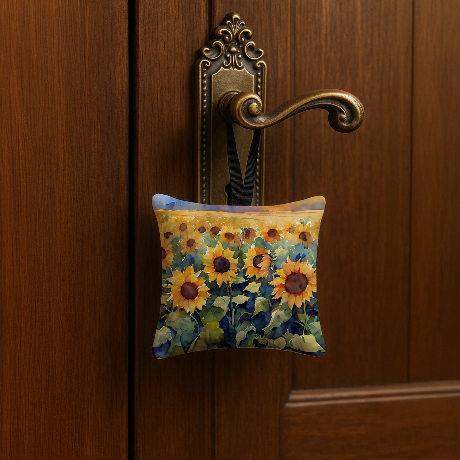 Sunflowers in Watercolor Hanging Square Fabric Ornament 3.5 × 3.5 Decorative Door-Knob & Tree Hanger, Soft Fabric