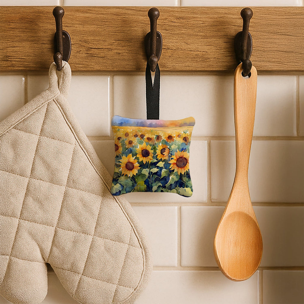 Sunflowers in Watercolor Hanging Square Fabric Ornament 3.5 × 3.5 Decorative Door-Knob & Tree Hanger, Soft Fabric