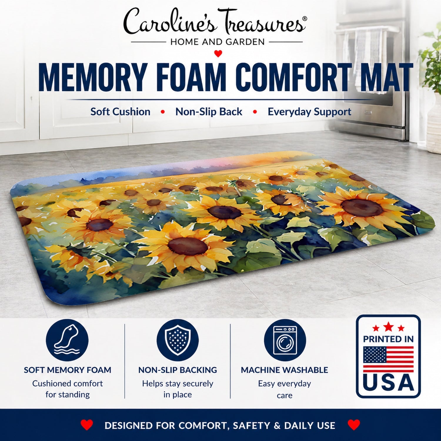 Sunflowers in Watercolor Memory Foam Kitchen Mat Machine Washable Anti-Fatigue Cushion Comfort Bath or Kitchen Rug