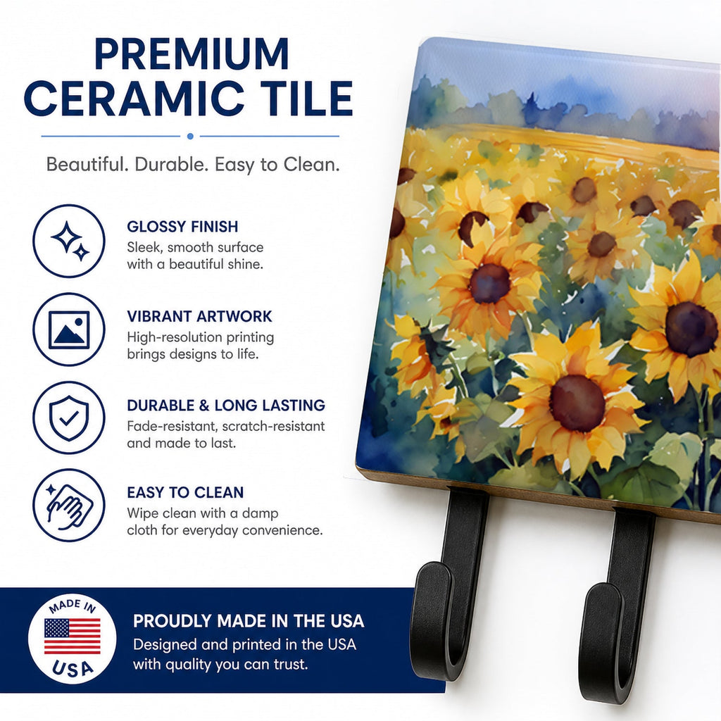 Sunflowers in Watercolor Leash or Key Holder Wall Hooks, Coat Rack Wall Mount, for Hanging Keys, Towels, Aprons, Leashes
