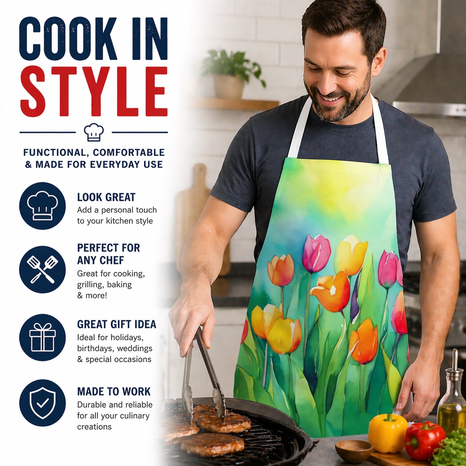 Tulips in Watercolor Apron Cooking Kitchen Server Baking Crafts Gardening for Adult Women Men, Unisex, Large, Multicolor