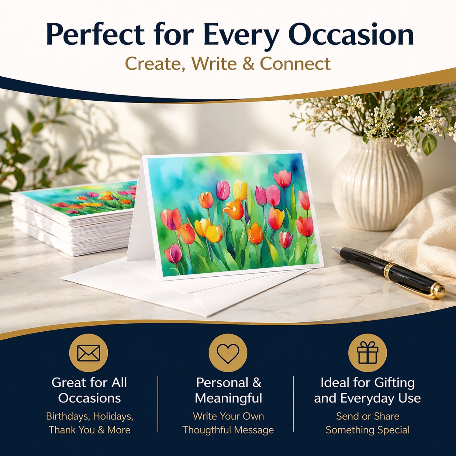 Tulips in Watercolor Greeting Cards Pack of 8 Blank Cards with Envelopes Whimsical A7 Size 5x7