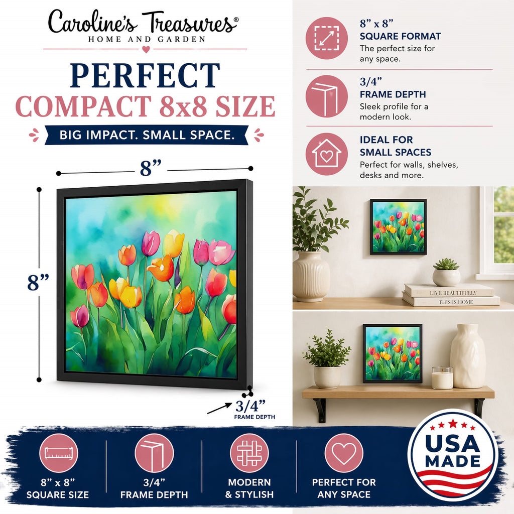 Tulips in Watercolor Framed Metal Print Bathroom, Kitchen, Office, Home Decor Wall Art Ready to Hang, Square, 8X8