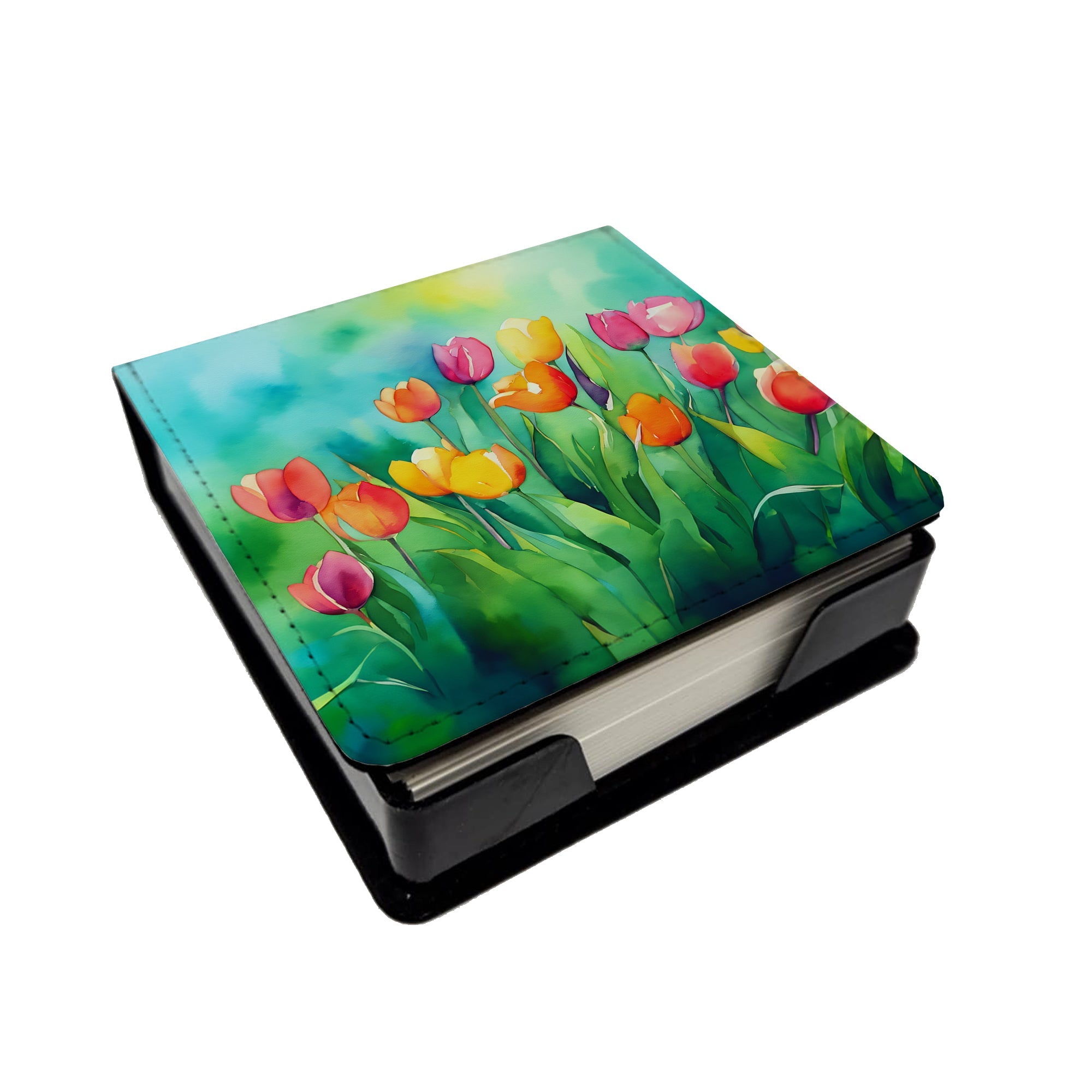 Tulips in Watercolor PU Leather Note Paper Holder with Artist-Designed Cover, Desk Accessory, Office Gift