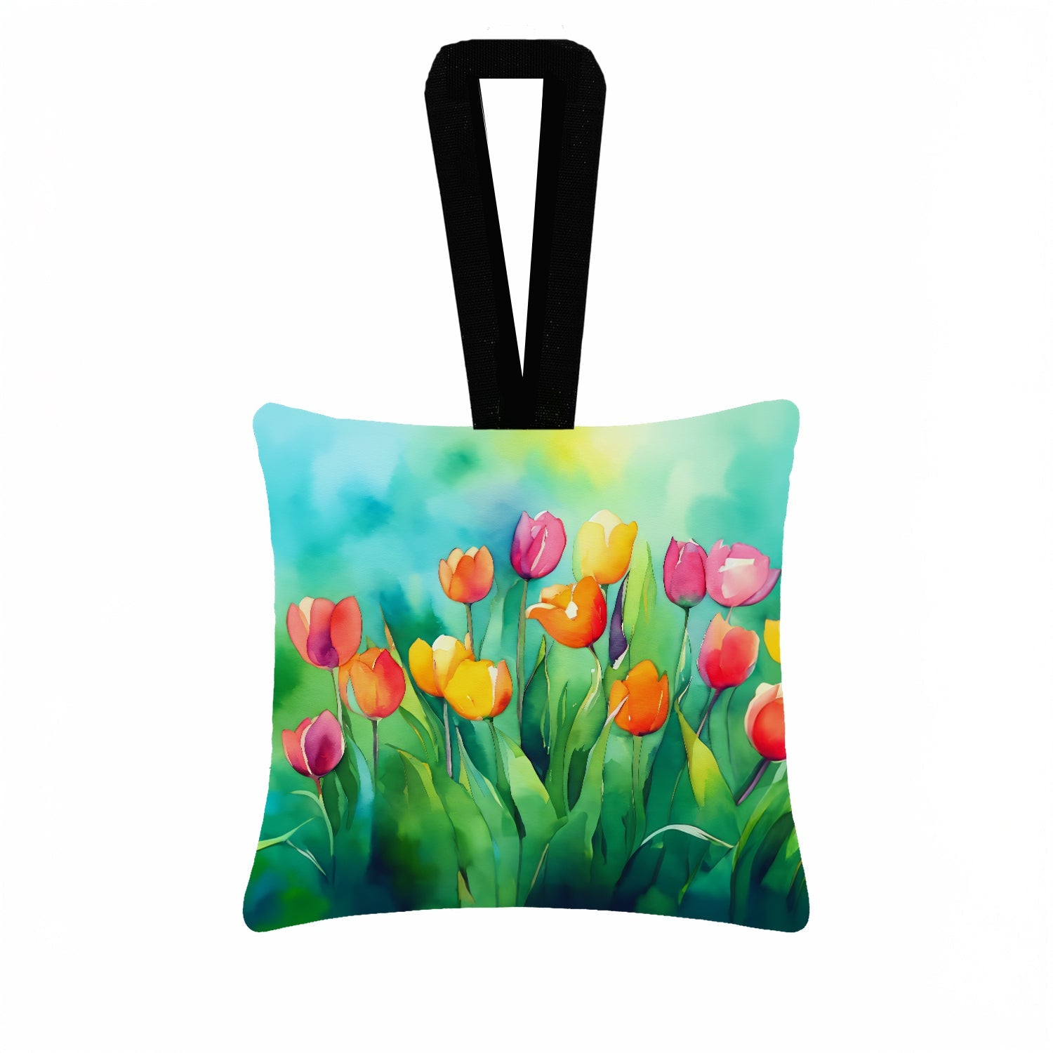 Tulips in Watercolor Hanging Square Fabric Ornament 3.5 × 3.5 Decorative Door-Knob & Tree Hanger, Soft Fabric