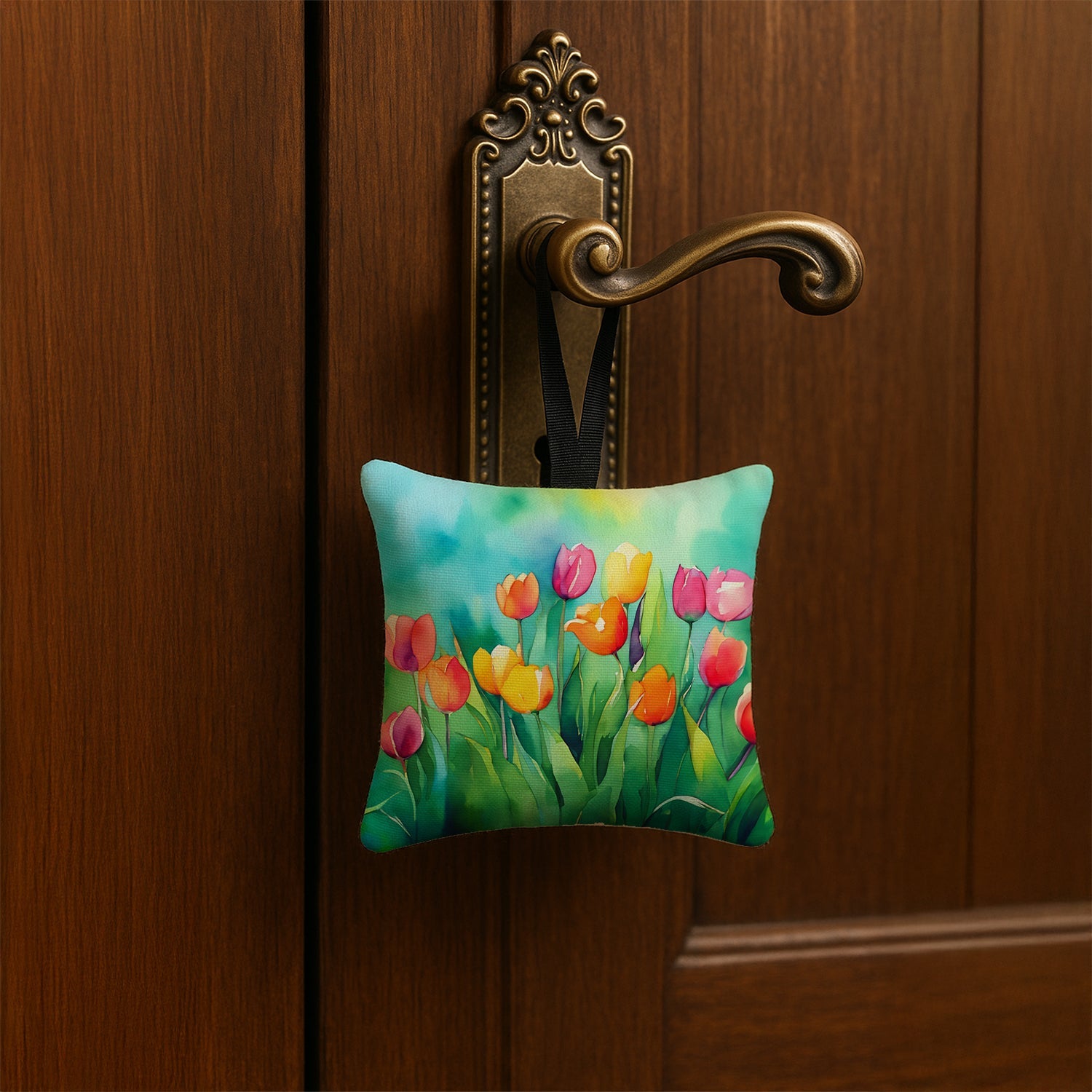 Tulips in Watercolor Hanging Square Fabric Ornament 3.5 × 3.5 Decorative Door-Knob & Tree Hanger, Soft Fabric