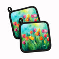 Tulips in Watercolor Pot Holder Set of 2 Heat Resistant Quilted Hot Pads 7.5 x 7.5 Inch, Insulated Kitchen Trivets for Cooking & Baking