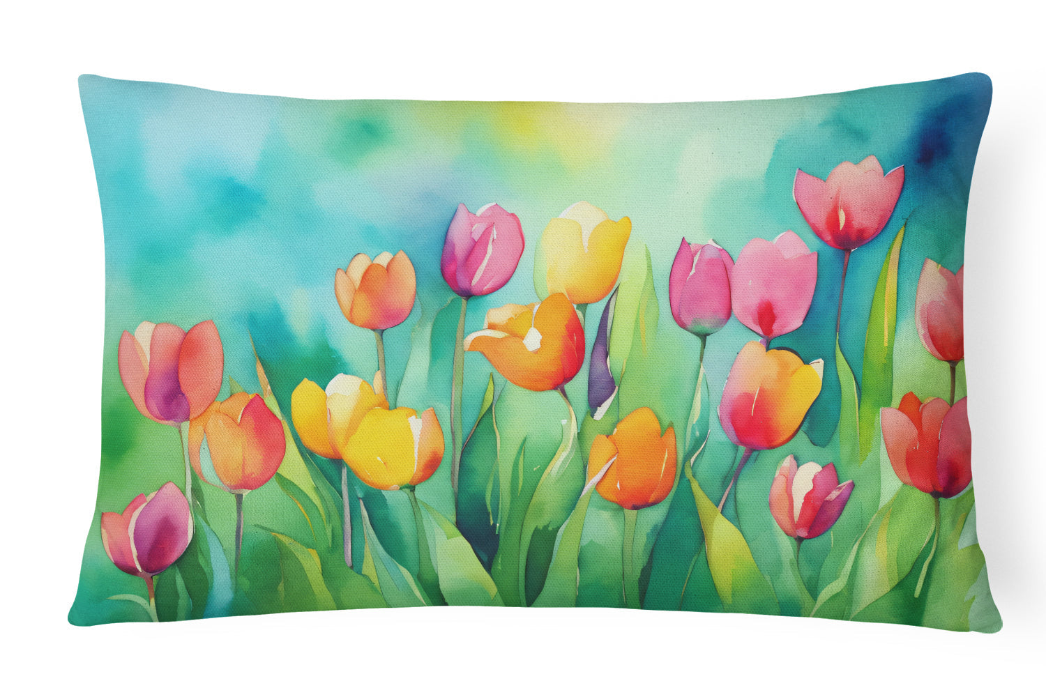 Tulips in Watercolor Decorative Throw Pillow 12x16 Indoor Outdoor Accent Cushion, Fabric Cover with Insert for Sofa, Bed, Porch & Living Room