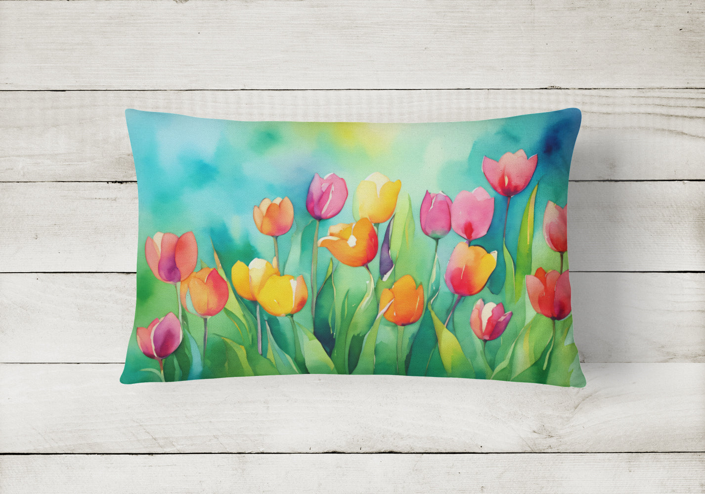 Tulips in Watercolor Decorative Throw Pillow 12x16 Indoor Outdoor Accent Cushion, Fabric Cover with Insert for Sofa, Bed, Porch & Living Room
