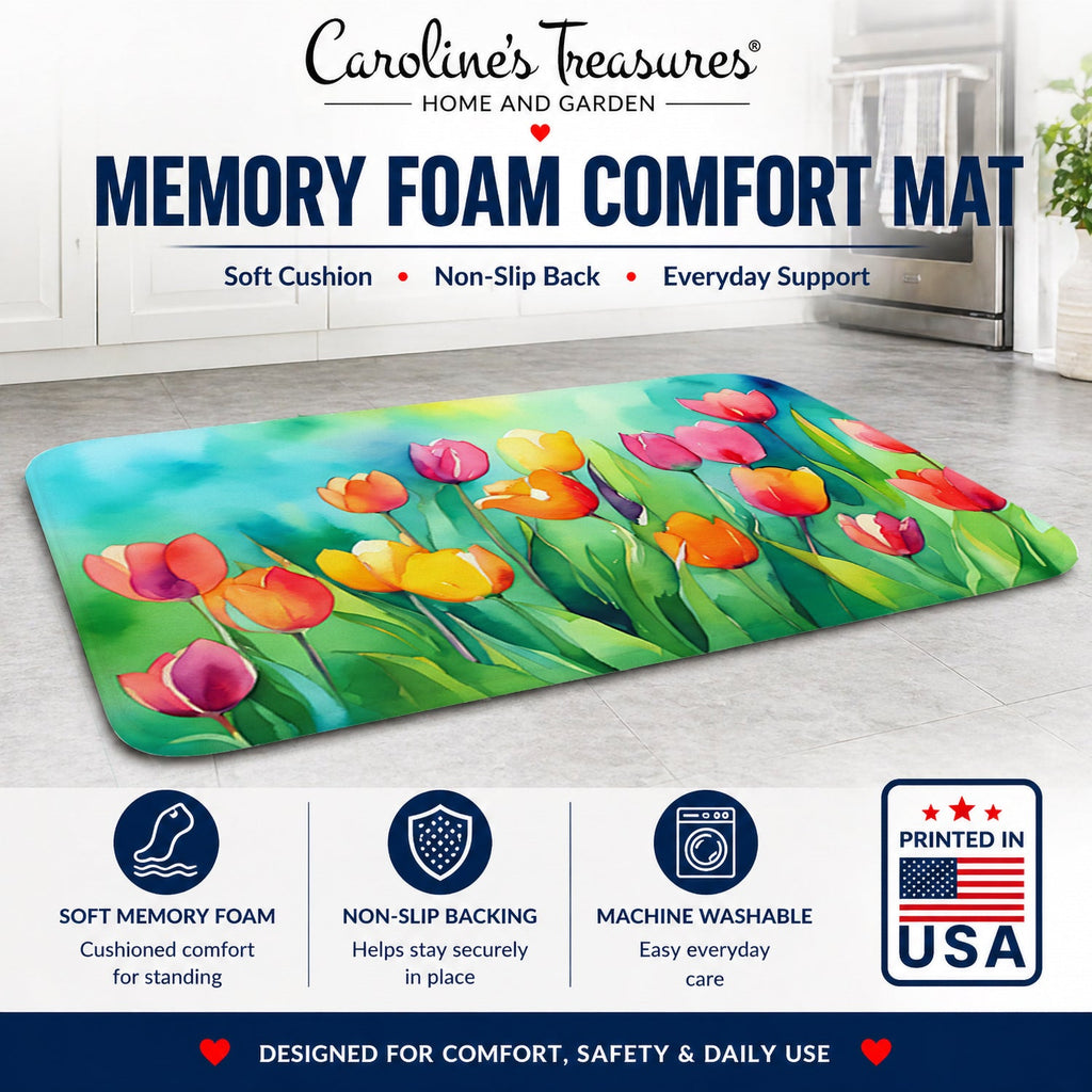 Tulips in Watercolor Memory Foam Kitchen Mat Machine Washable Anti-Fatigue Cushion Comfort Bath or Kitchen Rug