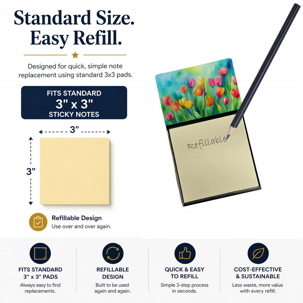 Tulips in Watercolor Watercolor Sticky Note Holder Refillable Dispenser Desk Accessory 3x3 Pad Gift